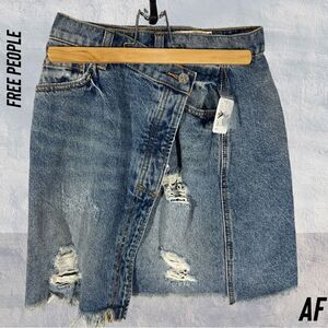 NEW Free People Denim Jean Skirt Wrap CrissCross Button Fly Distressed Size 25